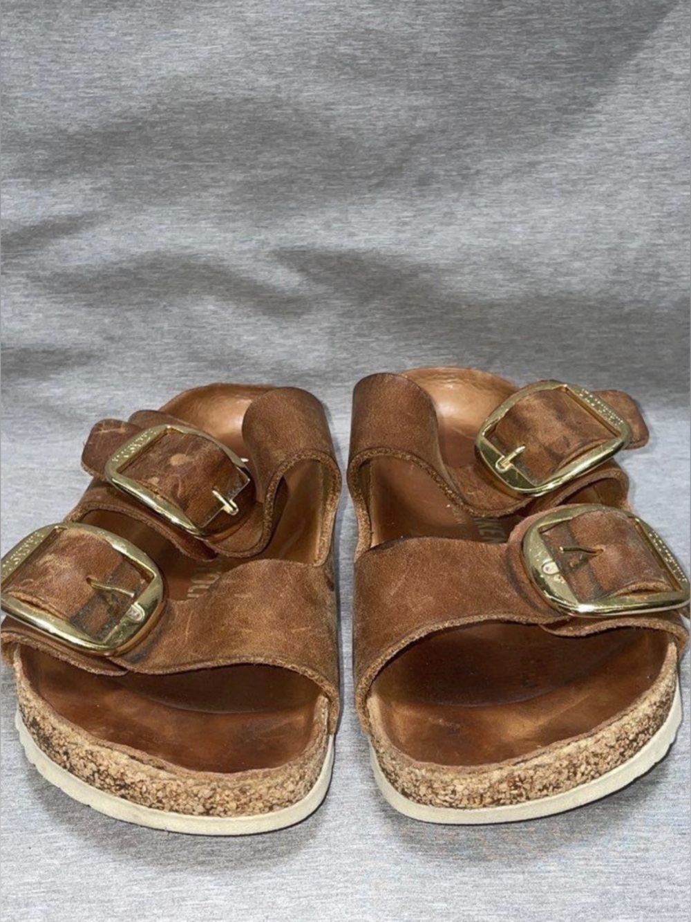 Birkenstock Arizona Brown Leather Double-Buckle Sandals with Gold Buckles